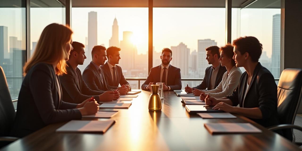 A team collaborating in a modern office sunlit by floor-to-ceiling windows